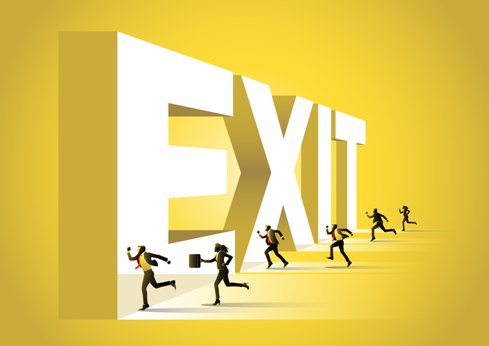 Business People Running Towards Exit Word