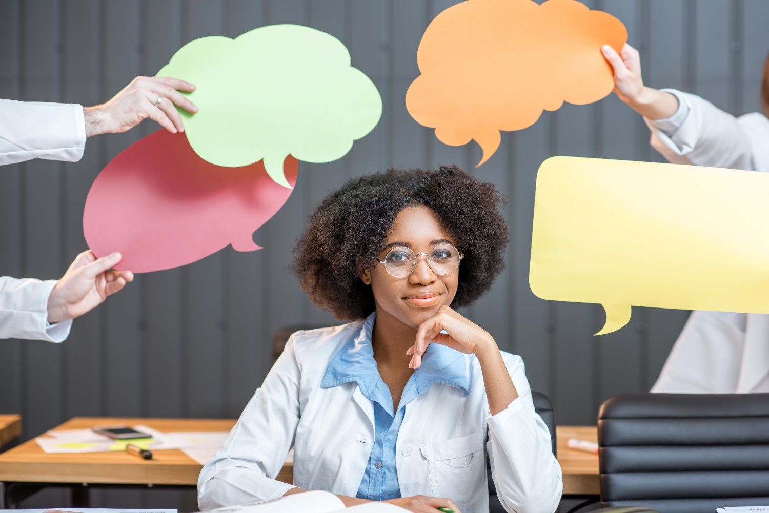Manager with colorful thinking bubble for first-time outsourcer